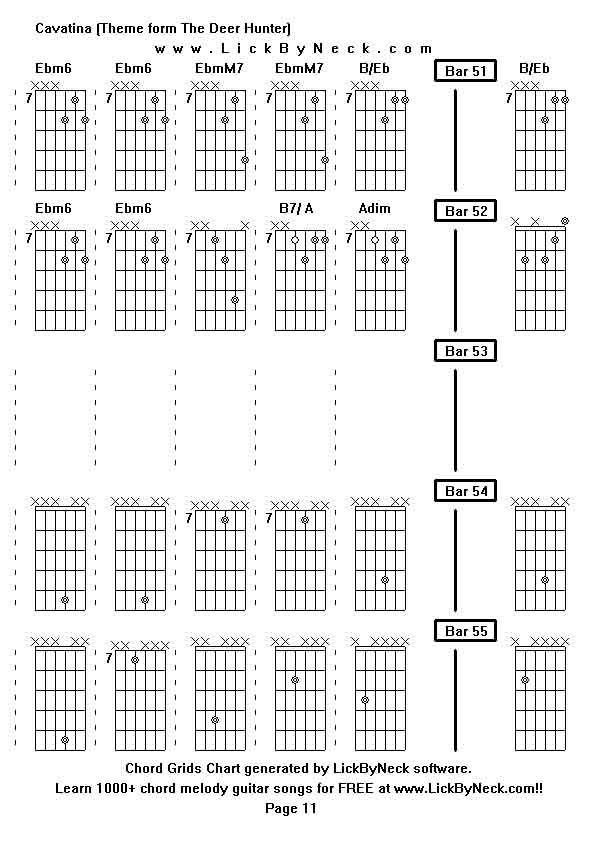 Chord Grids Chart of chord melody fingerstyle guitar song-Cavatina (Theme form The Deer Hunter),generated by LickByNeck software.